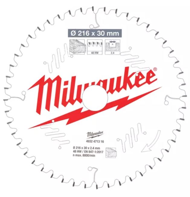 Пильный диск для торцовочной пилы по дереву 216x30x2,4x48 Milwaukee